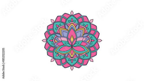 Vibrant Colorful Lotus Mandala Design, Intricate Floral Geometric Pattern on Isolated White Background