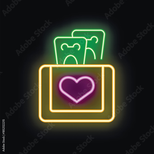 Neon sign of a wallet containing credit cards and displaying a heart symbol, hinting at love, relationships, finances, and generosity