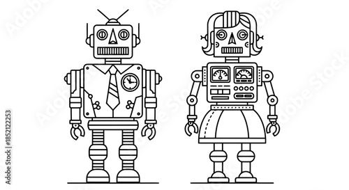Two robots standing side by side, one with a tie and the other with a dress, both with detailed mechanical features