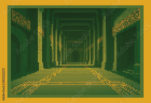 Massive Emerald Fortress Hall with Golden Pillars Halftone Poster