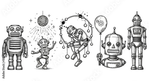 A whimsical illustration of five robots in various playful activities, including one holding a balloon and another juggling rings