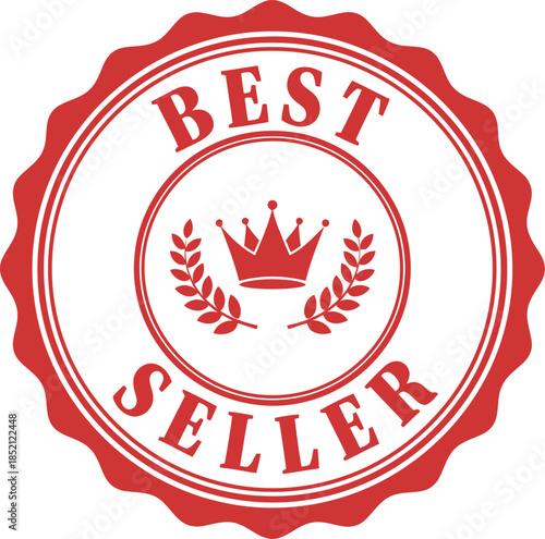 Red Best Seller Badge Icon with Crown and Laurel for Product Promotion and Marketing Labels