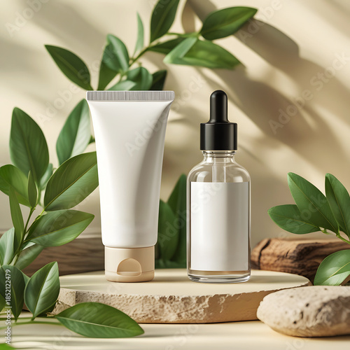 Eco Friendly Skincare Tube and Serum Bottle Mockup with Green Leaves