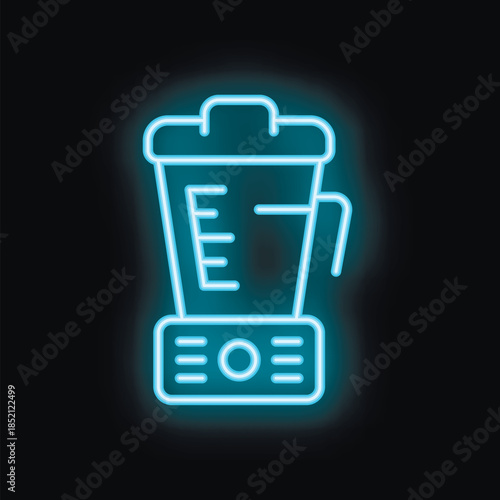 Blue neon sign of a modern electric blender on a black background, glowing bright light perfect for a cafe or restaurant