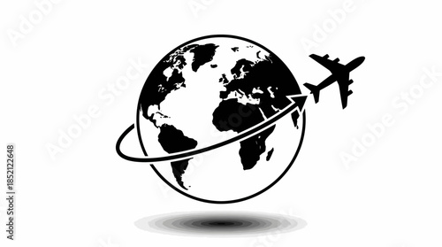 Global Travel Vector Illustration with Airplane and Globe, Black and White Design for Aviation, Connectivity, International Business, and Worldwide Graphic Use