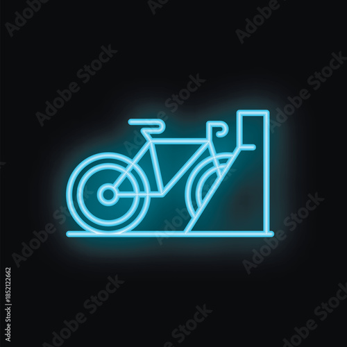 Blue neon sign depicting a bike locked to a bike rack