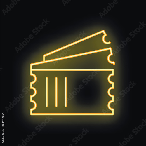 Neon yellow icon of three tickets glowing on a black background