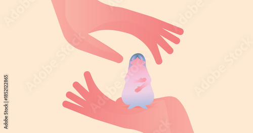 Illustration of hands protecting a small inner figure symbolizing emotional support, therapy, care, safety, and mental healing.