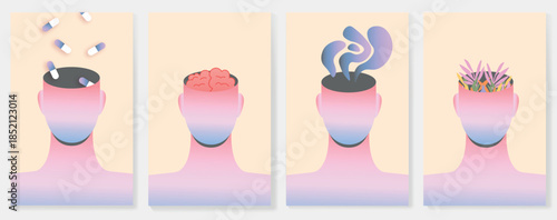 Abstract mental health illustration series showing emotional states of the mind from emptiness and overload to healing and growth. Psychology and therapy concept.