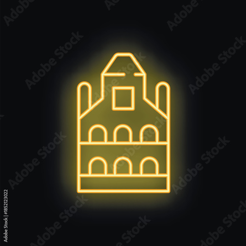 Bright yellow neon icon of the colosseum in rome glowing on a black background