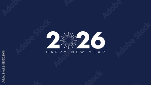 2026 Happy New Year with fireworks design vector illustration. Unique 2026 design template. In white text and blue background color minimal design