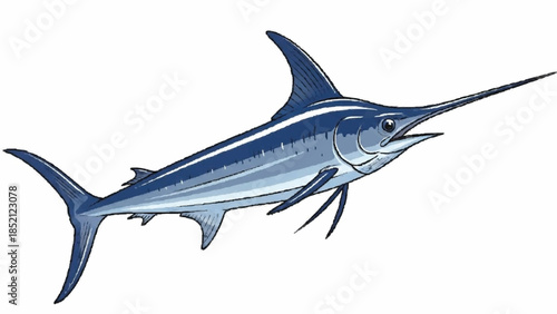 Dynamic and detailed illustration of a blue marlin fish leaping, showcasing its long bill and powerful body against a white background.
