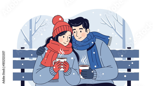 Couple enjoying hot drinks on a snowy day together outside