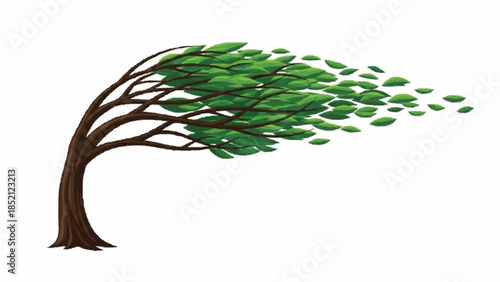 Dynamic vector illustration of a tree bending in a strong wind, with green leaves scattering, representing resilience and change.