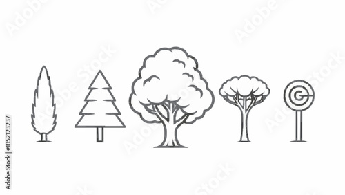Collection of five different tree icons in a clean, minimalist line art style, including pine, oak, and cypress illustrations.