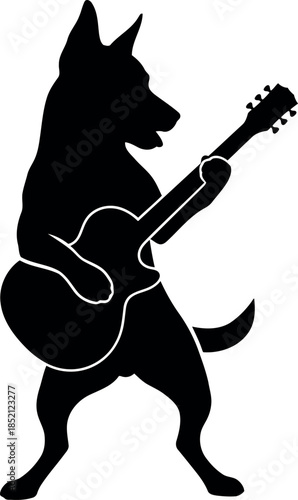 Silhouette of German Shepherd Dog Playing Guitar Isolated on White Background
