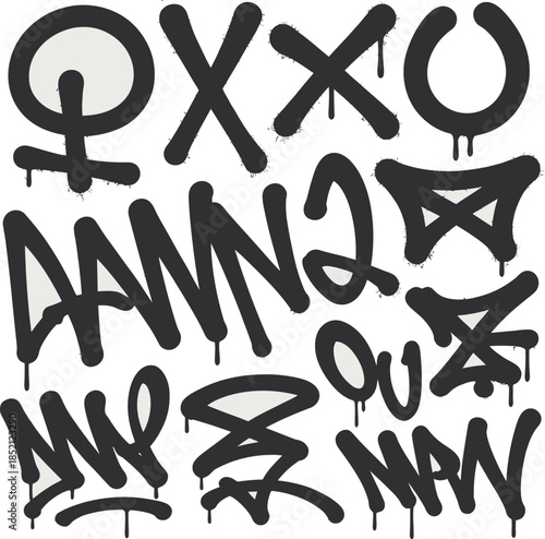 A collection of stylized graffiti tags and symbols in black and white street art style