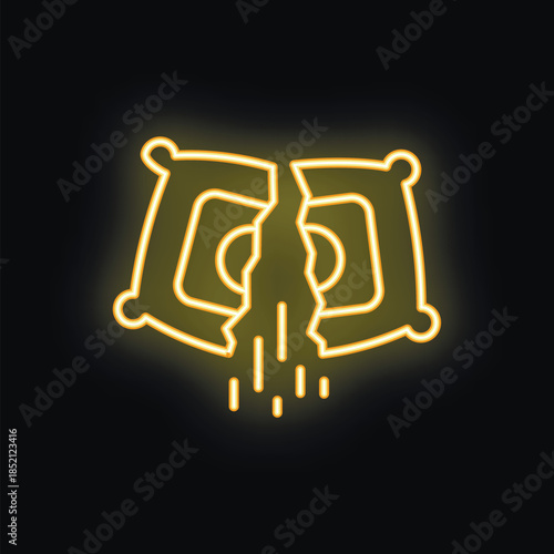 Yellow neon sign illustrating a broken pillow with feathers coming out, referring to the concept of insomnia and sleeplessness