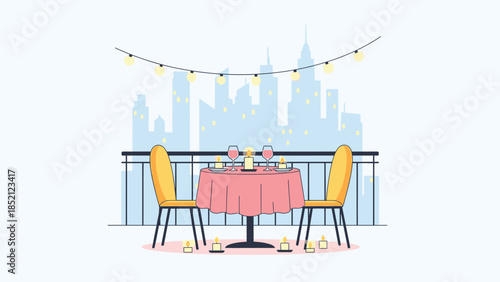Romantic dinner setup on rooftop with city skyline background