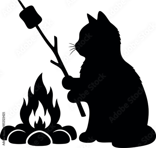 Silhouette of Cat Roasting Marshmallow Over Campfire Vector for Camping and Outdoor Designs