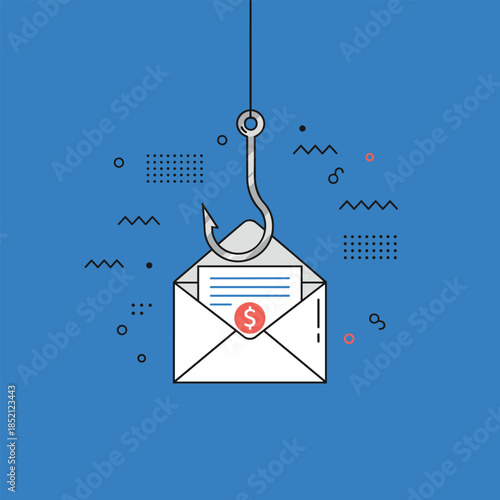 Phishing Email Concept - Hooked Envelope with Dollar Sign, Illustrating Online Scam.