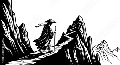 Lone traveler in traditional attire walking a winding mountain path.
