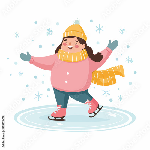 Happy girl ice skating. Cartoon illustration of woman wearing pink coat and yellow hat. Ice skater on white background. Winter sports. Vector design.