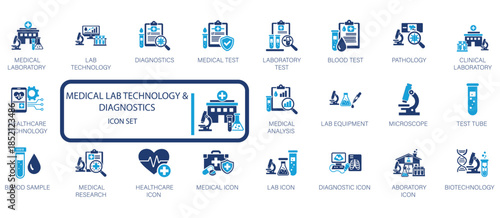 medical lab technology and diagnostics icon set featuring laboratory test, blood analysis, pathology, and biotech symbols. modern blue flat vector for healthcare.