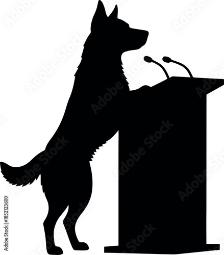 Silhouette of German Shepherd Dog Speaking at Podium with Microphones Vector Illustration
