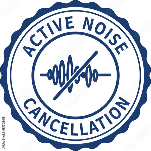Active Noise Cancellation Badge Icon – Blue Circular Seal with Sound Wave Symbol for Audio Technology