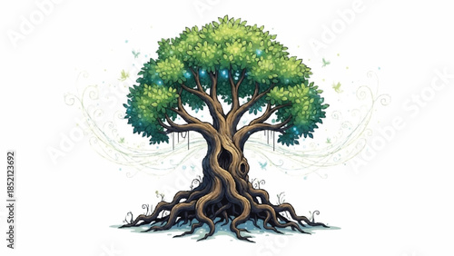 Magnificent fantasy illustration of an ancient, magical Tree of Life with a gnarled trunk, sprawling roots, and glowing lights.