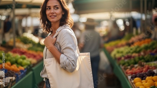 Young woman smiling while shopping for fresh produce at market - Concept of color of the year, ecology, natural fabrics, healthy eating  