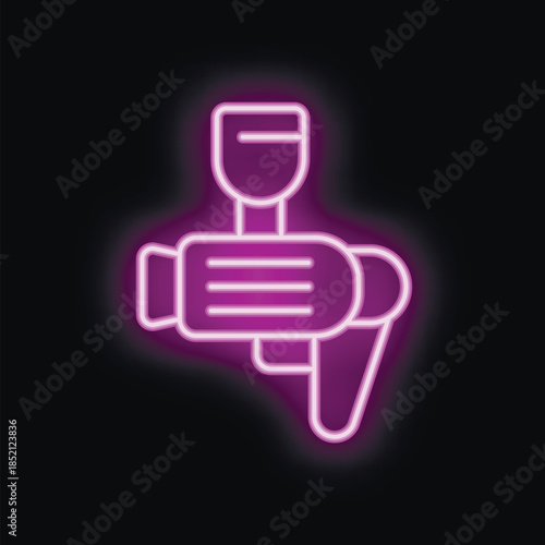 Glowing purple neon icon of a video camera on a black background, perfect for concepts related to filming, media, and entertainment