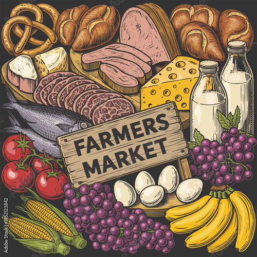 A vibrant illustration of abundant fresh produce, meat, and dairy products at a farmers market