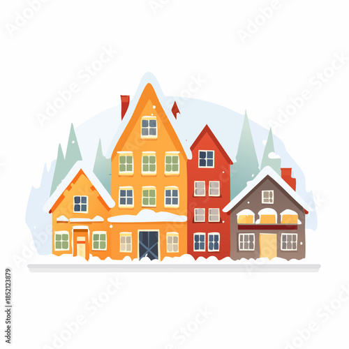 Winter houses. Colorful houses with snow. Vector illustration of buildings. Snowy scene with trees. Residential area. Winter village. House icons. Snow covered roofs. Vector design.