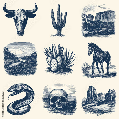  Isolated on Linocut western boho set, Texas desert engraving print collection, canyon wildlife, cactus. Texture rodeo graphics, bull, horse, snake, skull silhouette with vector art white background