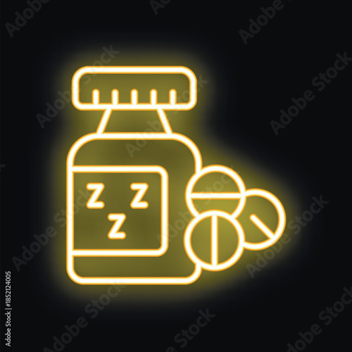 Neon yellow sleeping pills bottle with tablets icon glowing on black background
