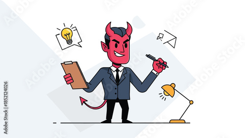 Cartoon devil businessman with creative ideas and inspiration