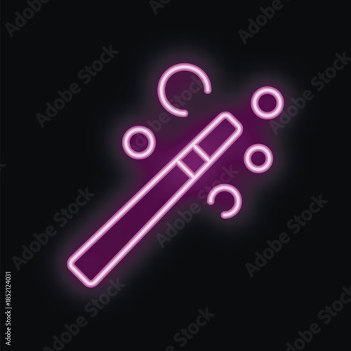 Glowing purple neon sign depicting a magic wand leaving a trail of sparkling lights, perfect for themes of magic, fantasy, and enchantment