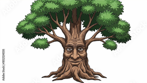 Whimsical cartoon illustration of an ancient, wise old tree with a friendly human face on its trunk, rooted firmly in the ground.