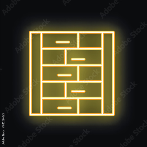 Yellow neon sign in the shape of a filing cabinet is glowing on a black background