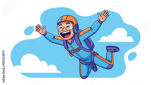 Excited skydiver in blue and orange gear soaring through clouds