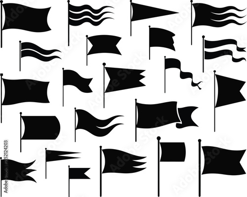 Collection of black silhouette flags on white background, diverse styles