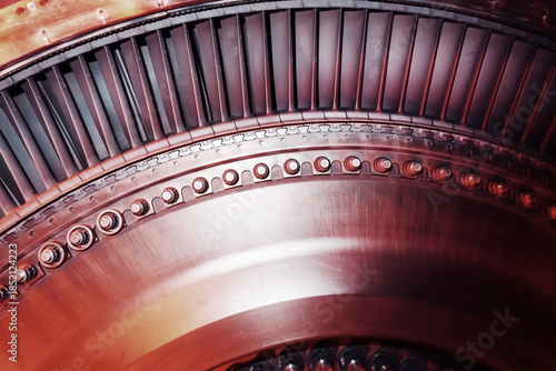 Turbine generator rotor with blades and discs, interior view.