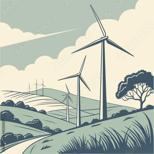 Wind turbines on rolling hills with trees and clouds