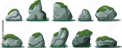 Collection of stylized cartoon rocks with moss on top for game assets