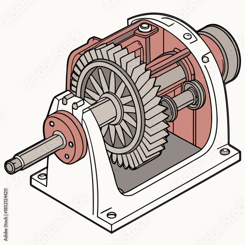 Cutaway view of industrial turbine gearbox with mechanical details