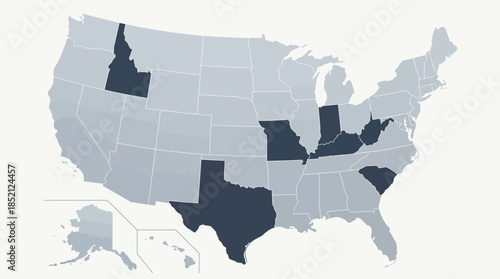 USA Vector Map with Highlighted States in Dark Blue for Comparative, Political, Regional, or Data Visualization Use in Graphic Design and Illustration