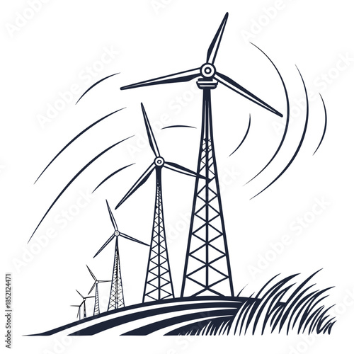 Wind turbines on a hill with motion lines renewable energy