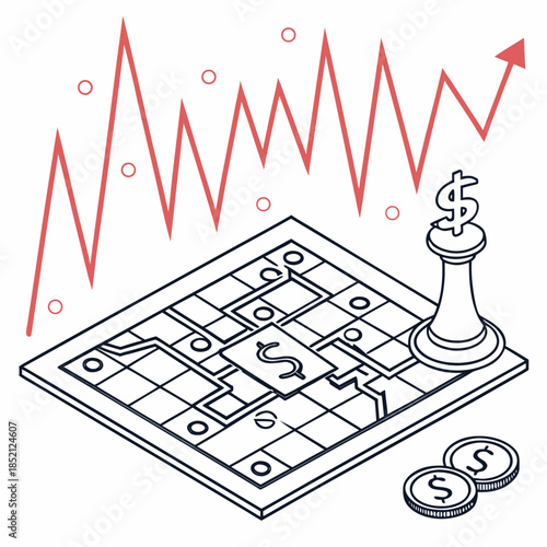 Isometric financial maze with chess piece and dollar symbols